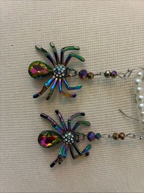 Iridescent Spider Dangle Earrings with Teardrop Crystal